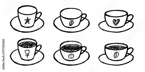 Set of cute hand drawn cup of tea or coffee Simple mug clipart Cozy home doodle Single element for design