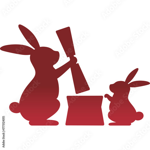 Silhouettes Of Two Rabbits One Larger Rabbit Pounding Ingredients In A Mortar With A Pestle Next To A Smaller Rabbit On A White Background Red Gradient Color Scheme