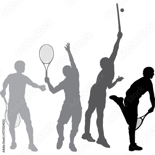 Silhouettes of male tennis players in various action poses on a transparent background displaying different stages of the game in grayscale and black tones