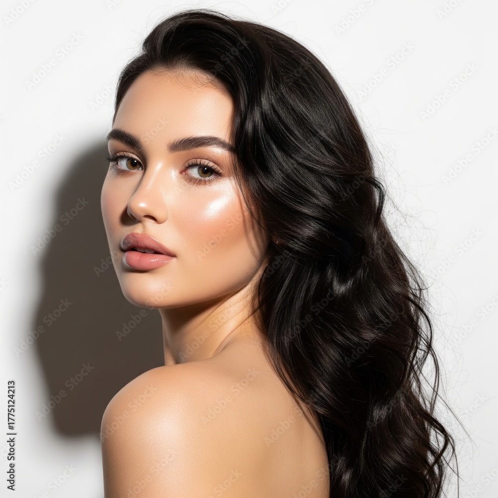 Fototapeta premium Long Dark Wavy Hair Beauty Headshot on White Background
