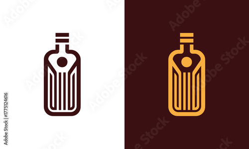 Modern minimalist line art logo design of a stylized bottle with a geometric pattern on white and dark backgrounds