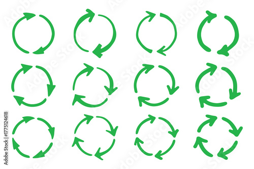 Set of hand drawn recycle arrow icon Recycling resources symbol Reuse of materials, zero waste, green environment, saving the planet