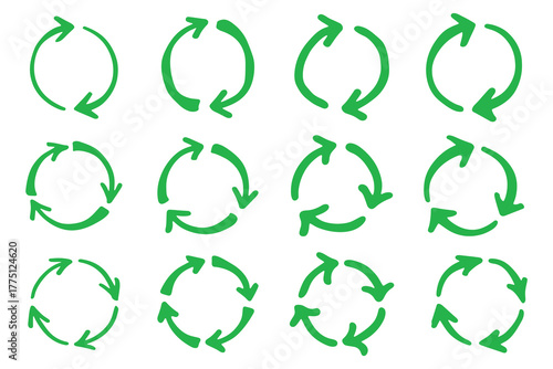 Set of hand drawn recycle arrow icon Recycling resources symbol Reuse of materials, zero waste, green environment, saving the planet