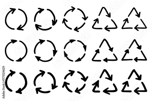 Set of hand drawn recycle arrow icon Recycling resources symbol Reuse of materials, zero waste, green environment, saving the planet