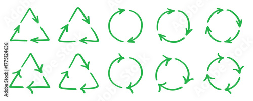 Set of hand drawn recycle arrow icon Recycling resources symbol Reuse of materials, zero waste, green environment, saving the planet