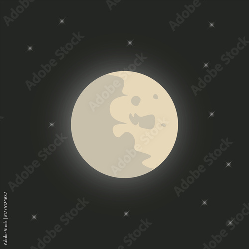 Glowing full moon with visible craters surrounded by twinkling stars in a dark night sky. Ideal celestial background for space, astronomy, fantasy scenes, or dreamy nighttime digital designs.