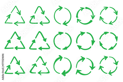 Set of hand drawn recycle arrow icon Recycling resources symbol Reuse of materials, zero waste, green environment, saving the planet