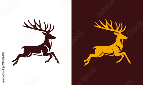 Elegant silhouette of a majestic stag with antlers in motion against contrasting backgrounds