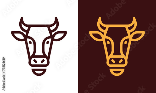 Line art cow head icon set featuring two distinct color palettes on white and dark backgrounds