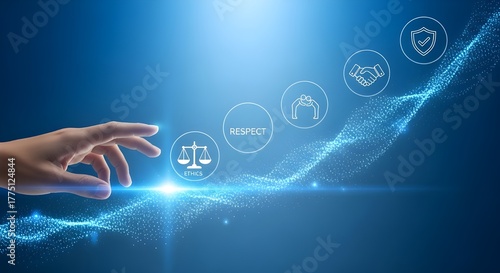 Ethical Business Practices Depicted with Hand and Abstract Digital Elements