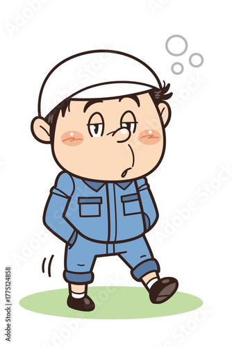 不適切な服装で眠そうに歩いている工場・現場作業員イラスト｜不安全行動・不安全状態・労働災害