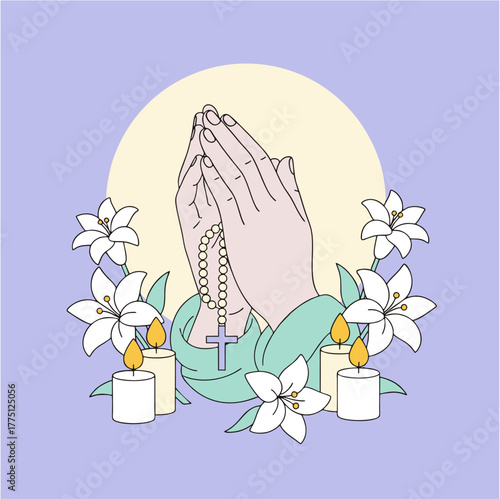 Praying Hands With Rosary, Candles, and White Lilies in Soft Purple Background