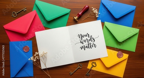 Open Greeting Card with Decorative Text and Colorful Envelopes on a Wooden Table