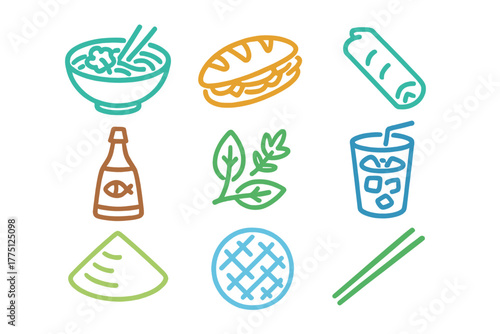 Explore popular street food icons and ingredients from Asia, showcasing various dishes and drinks in a vibrant illustration