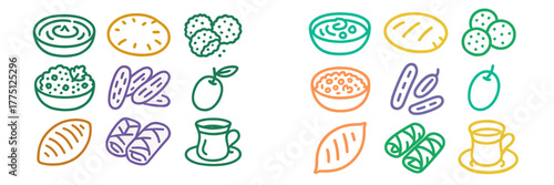 Colorful collection of various foods and drinks arranged in a grid format with simple illustrations