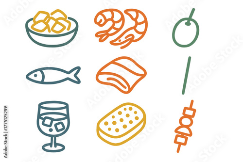 Seafood and snacks displayed in colorful illustrations for summer gatherings and casual dining moments