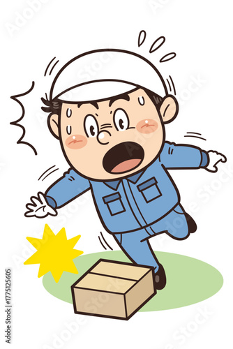 ダンボールや放置物につまずく工場・現場の作業員イラスト｜不安全行動・不安全状態・転倒リスク・労働災害