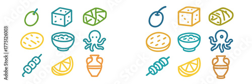 Colorful illustrations of Mediterranean food and ingredients representing traditional cuisine and culture from the region