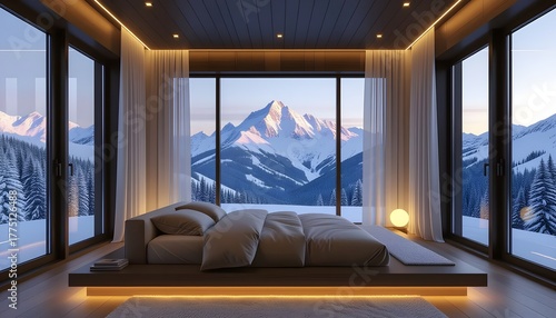 Modern cozy bedroom with large panoramic window overlooking snowy mountains. Warm lighting, soft bed linens, wooden details, and peaceful winter atmosphere.