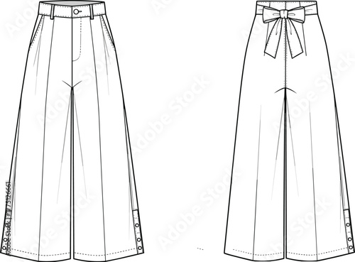 Cad drawing flat vector illustration, women wide leg pants front and back technical fashion sketch, garment design, clothing pattern template
