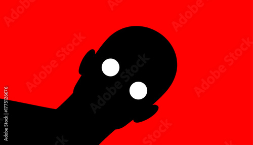 Peeking shadow figure with wide eyes on red background – suspense minimal poster