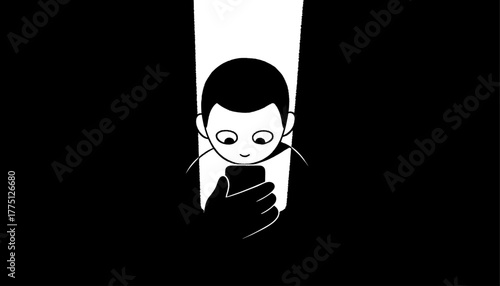 Man staring at smartphone under spotlight – digital attention concept