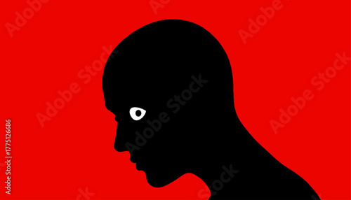 Watchful eye silhouette on red – anxiety and alert minimal graphic