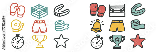 Sports-themed icons in a fun, colorful arrangement showcasing boxing, wrestling, and competitive elements