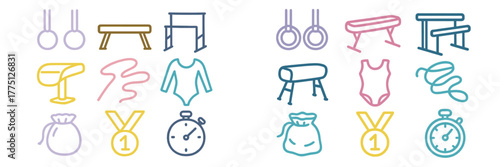 Colorful illustrations of gymnastics equipment and related items for a fun sports theme
