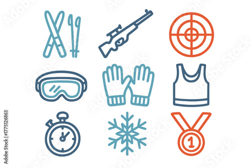 Winter sports equipment and symbols representing biathlon competition preparation and achievements