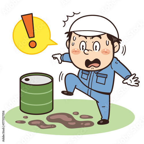 ドラム缶の液漏れを踏んでしまいそうな工場・現場の作業員イラスト｜不安全行動・不安全状態・労働災害