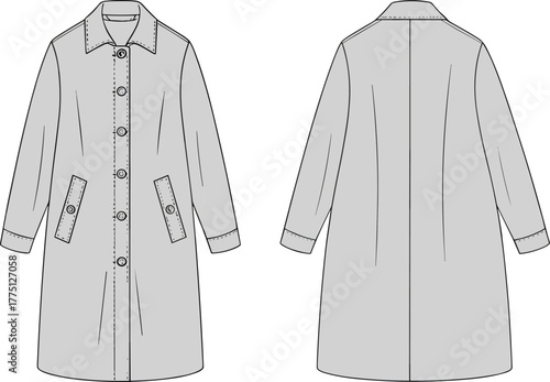 Long coat technical sketch, fashion flat drawing, garment design template, front and back view, outerwear illustration, apparel construction detail
