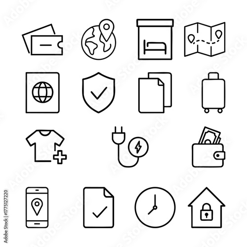 A cohesive set of minimalist vector icons for travelers — clean, modern, and universal.
