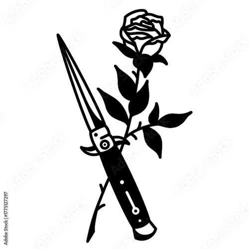 Switchblade knife crossed with a blooming traditional rose
