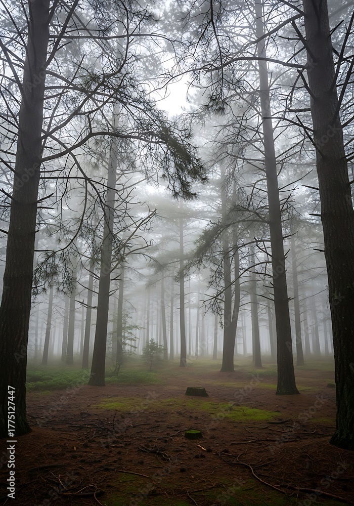 Naklejka premium Ethereal Forest Scene - Misty Woods with Tall Trees.