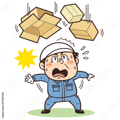 ダンボール等の落下物や飛来落下に驚いている工場・現場の作業員イラスト｜不安全行動・不安全状態・リスク