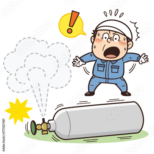 ボンベが転倒してあわてている工場・現場の作業員イラスト｜不安全行動・不安全状態・リスク・危険