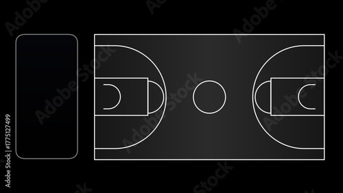 Dark minimalist glassmorphism basketball court graphic for modern sports design