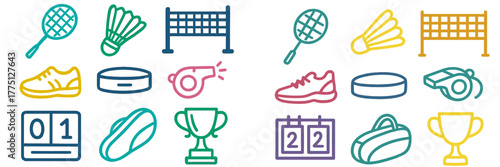 Colorful icons of sports equipment and trophies for badminton, athletics, and other games during a fun sports event