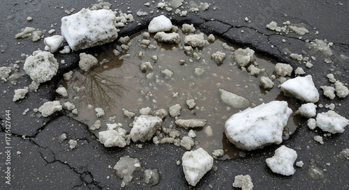 A waterfilled pothole in asphalt surrounded by melting snow chunks
