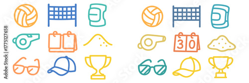 Volleyball training equipment and tournament items displayed in bright and colorful illustrations