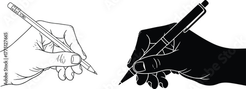 Cad drawing flat vector illustration, hand holding pencil and pen sketch, black and white outline art, creative writing concept design