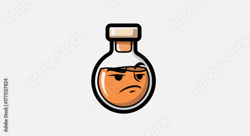 An angry, cartoonish potion bottle with orange liquid and a stopper, on a white background