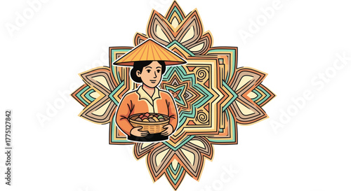 A woman in traditional attire with a basket of goods, set against a decorative mandala