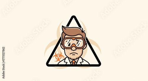 A concerned scientist in safety goggles within a hazard symbol, with biohazard