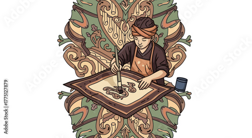 An artisan, turban-clad, paints a rug amid ornate designs, with a paint pot nearby