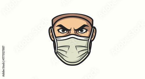 A cartoon-style face with an angry expression wearing a medical mask against a white background