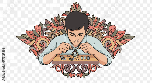 A person intently works on a pendant at a wooden table, surrounded by decorative floral motifs