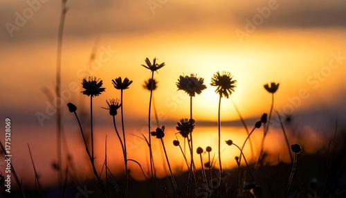 Silhouette of Wildflowers Against a Sunset A Tranquil Nature Scene