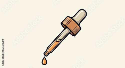 An angled illustration of a dropper dispensing a drop of amber liquid against a cream background